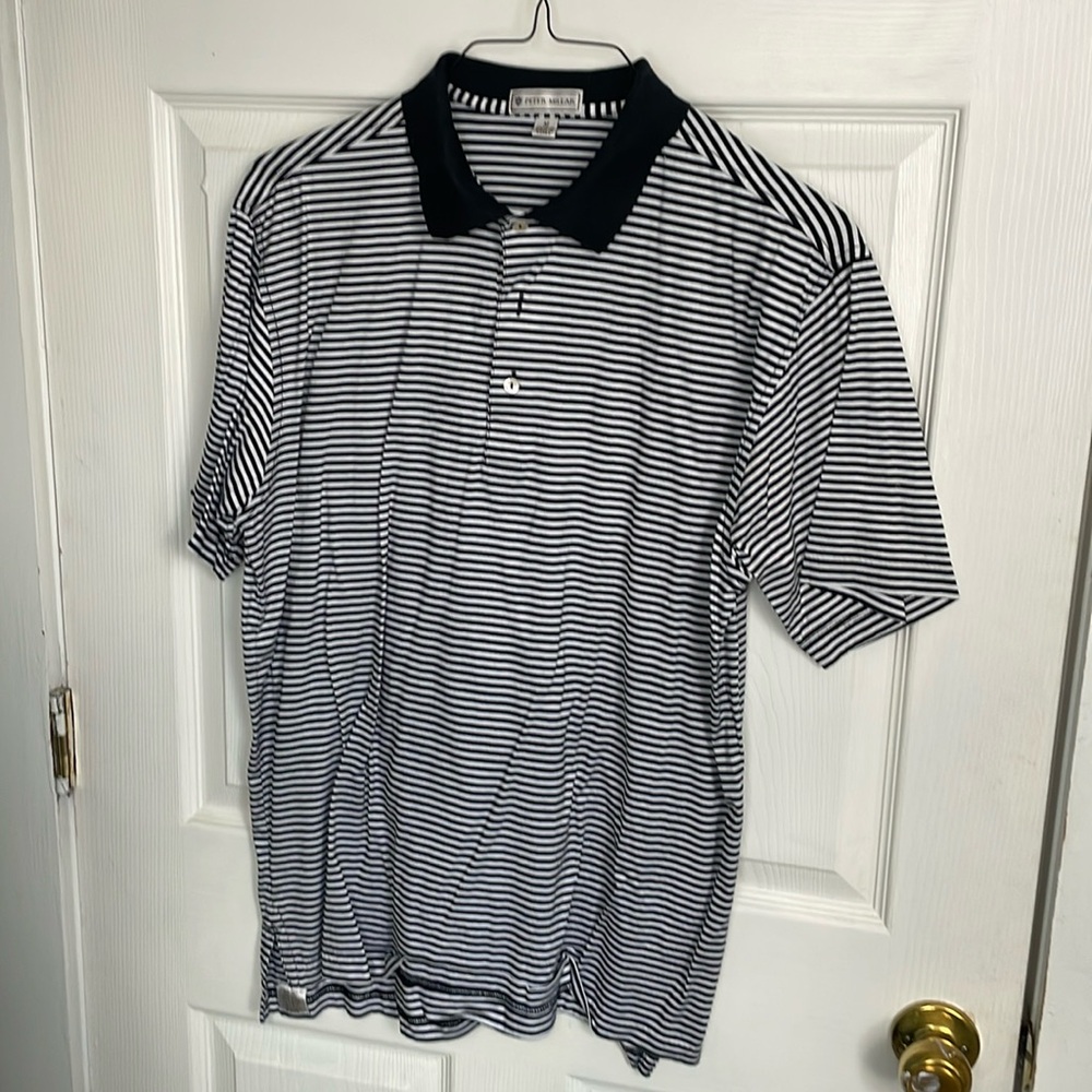 Peter Millar Black/ White Striped Polo Medium